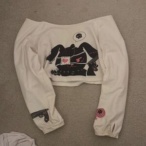White Punk Bunny Graphic Long Sleeve Off Shoulder Crop Top